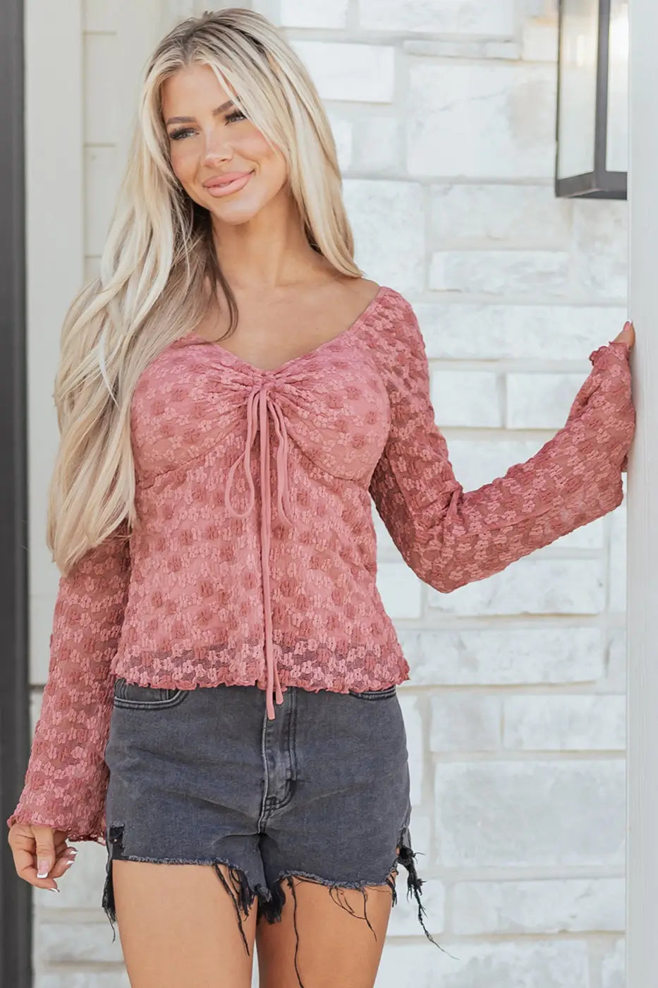 Pink floral lace blouse | bell sleeve square neck top blouses
