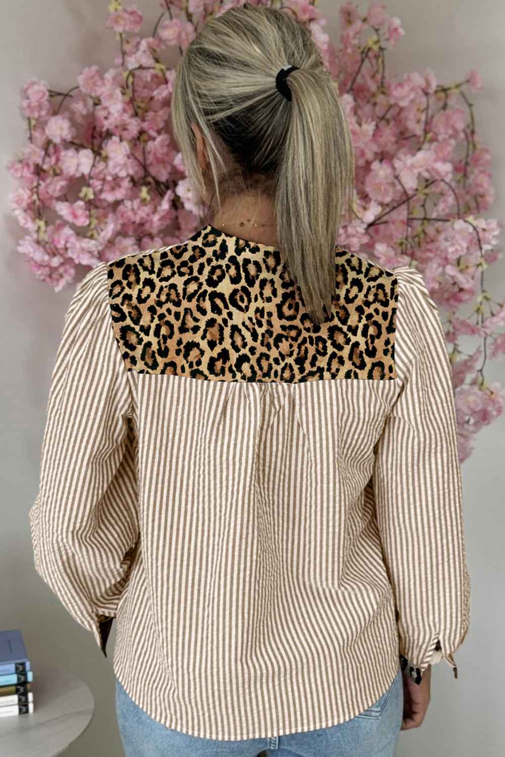 Back view of beige Leopard Pinstripe Contrast Shirt with bold leopard print yoke and vertical stripes, perfect for stylish office wear.