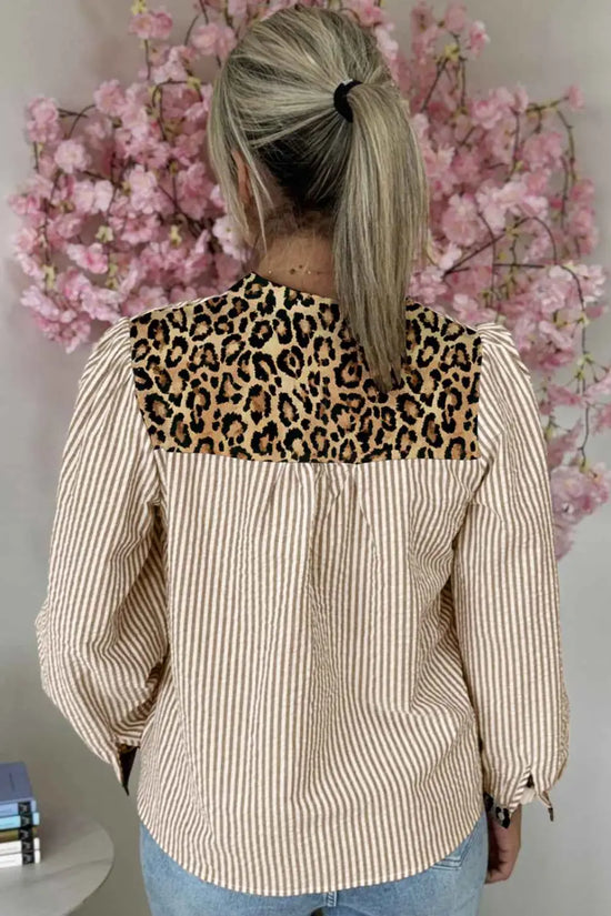Back view of beige Leopard Pinstripe Contrast Shirt with bold leopard print yoke and vertical stripes, perfect for stylish office wear.