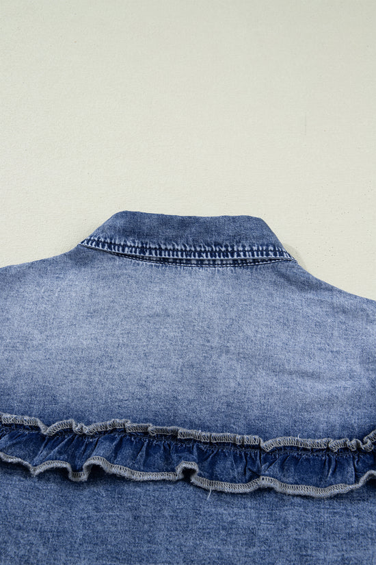 Ruffle Denim Shirt Women | Retro Blue Button Down Top