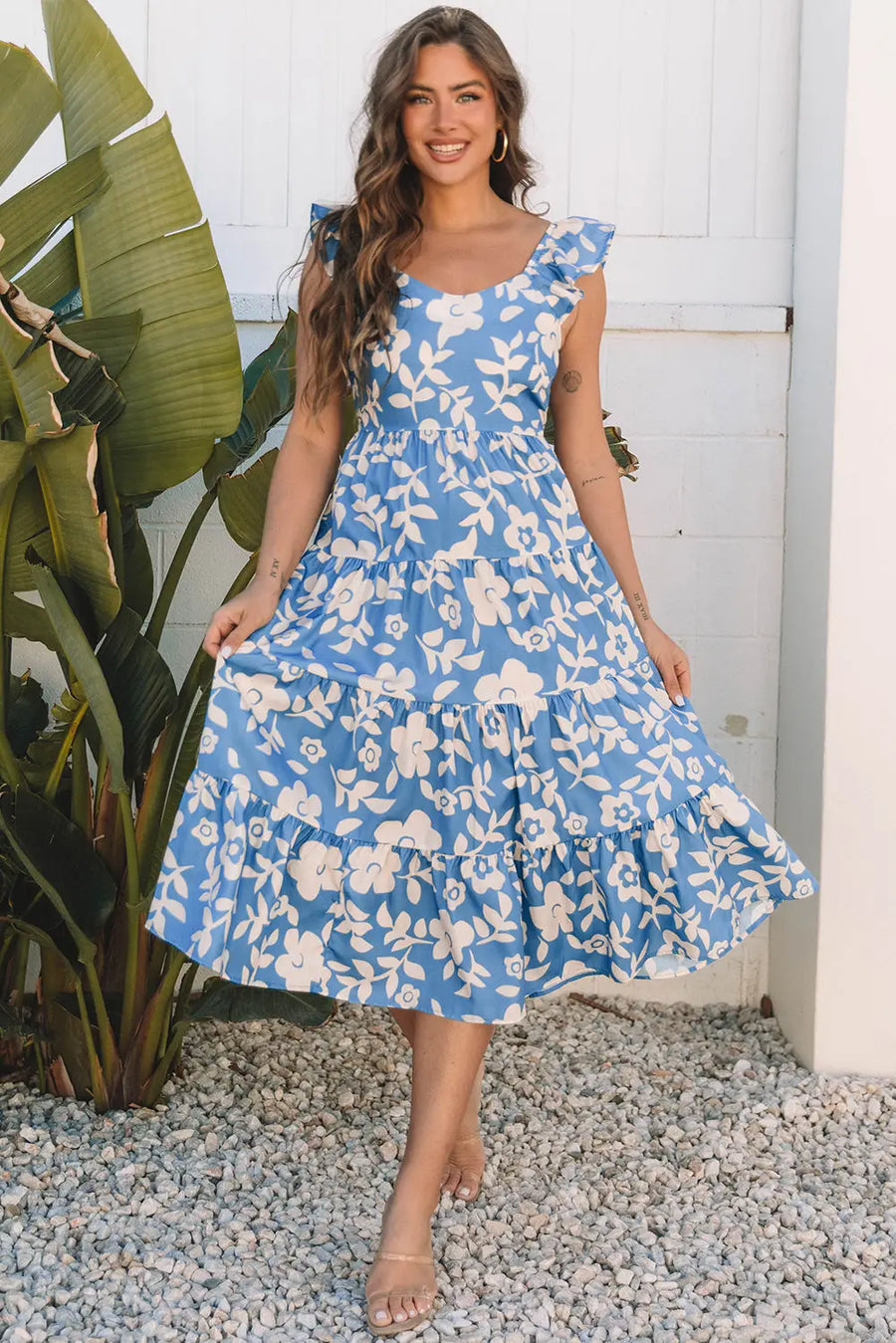 Sky Blue Floral Flutter Shoulder Tiered Midi Dress Women UK