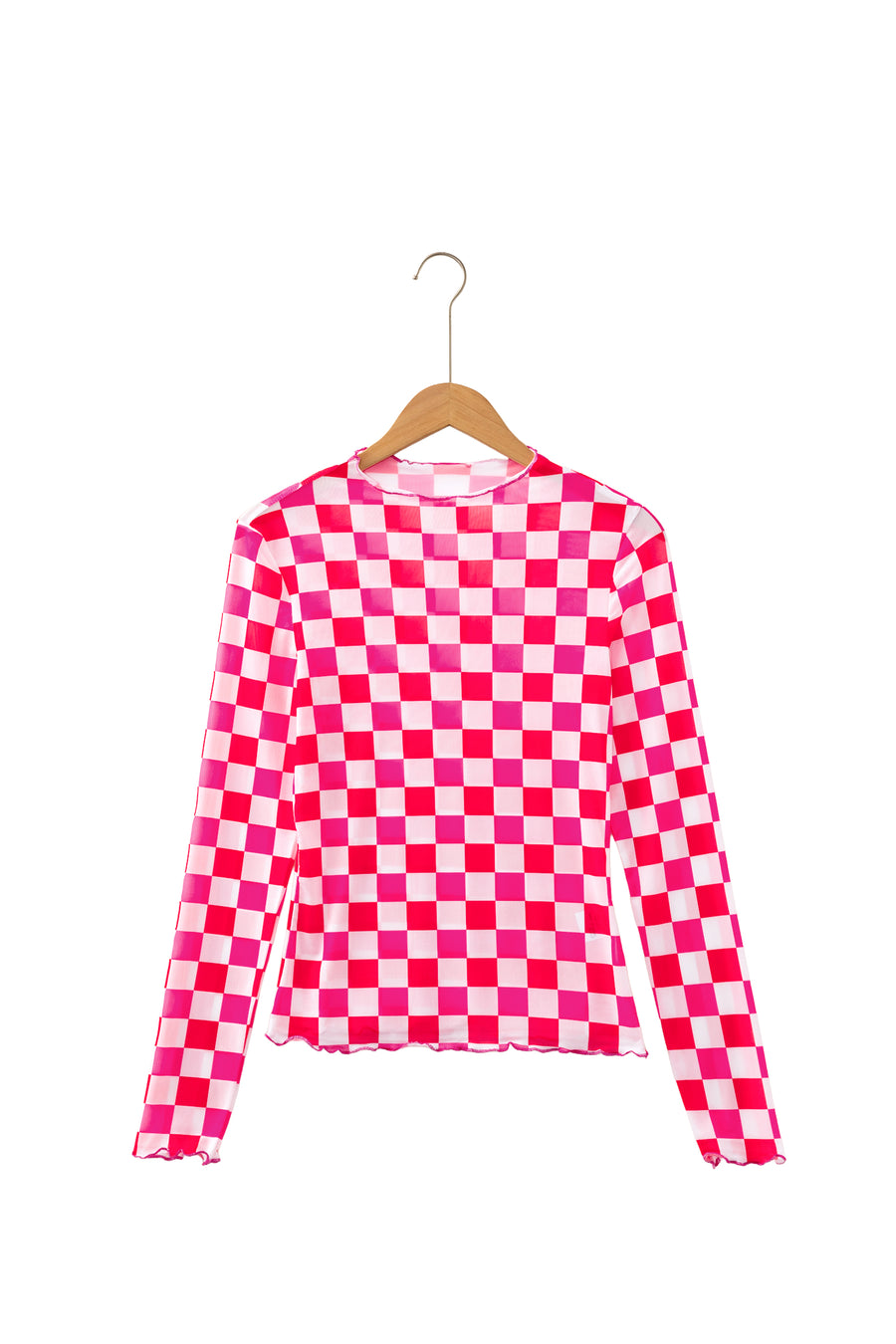 Plaid Heart Mesh Sheer Long Sleeve High Neck Blouse
