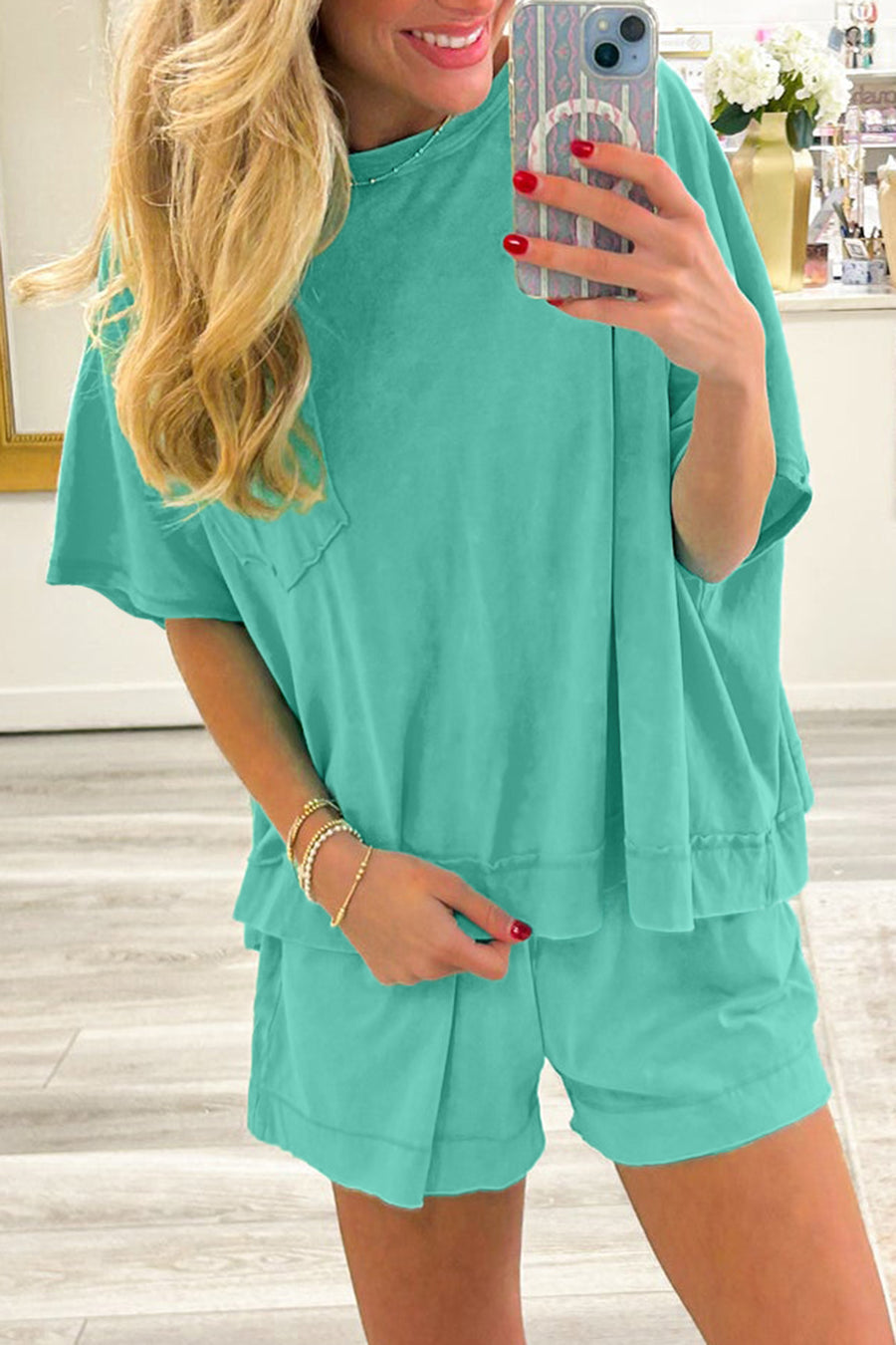 Back view of Raw Edge Patch Pocket Oversized Co-Ord Set showing hem slits on top and shorts — Fashionfitz