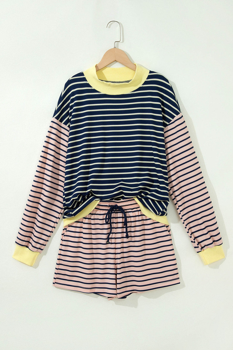 Stripe Colour Block Ribbed Knit Shorts Set