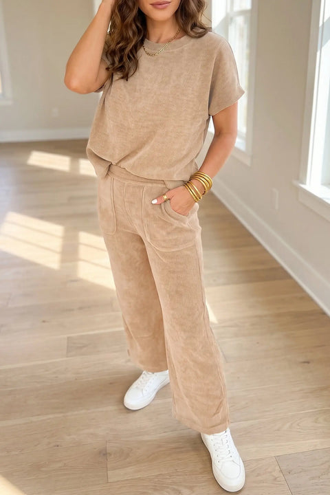 Short sleeve top and corduroy pants co-ord set front view — Fashionfitz UK
