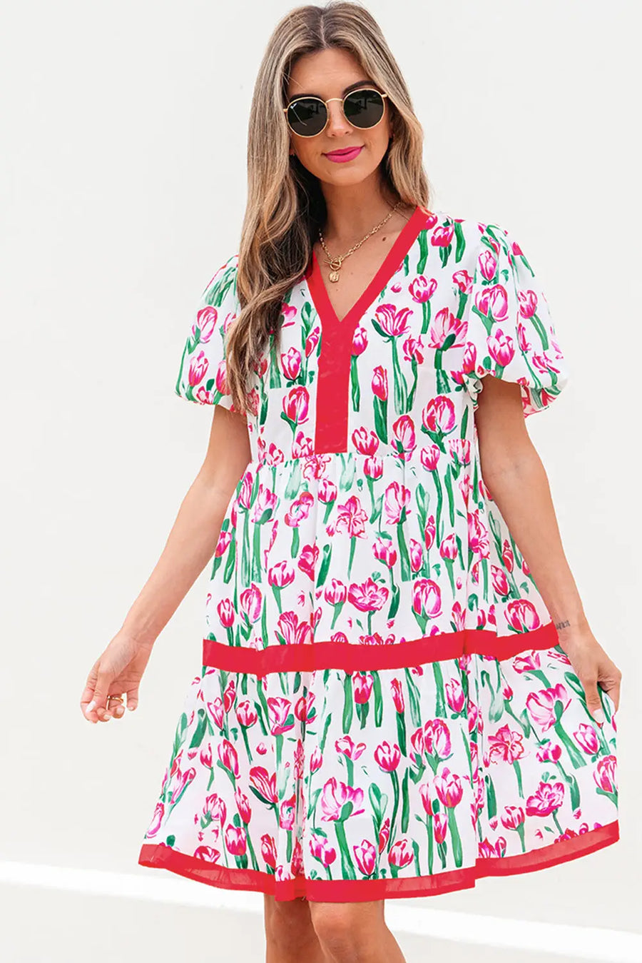 Pink Floral V Neck Bubble Sleeve Babydoll Dress Women UK