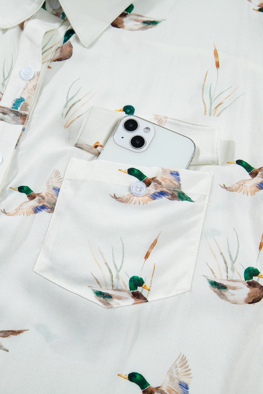 White Mallard Print Button Pocket Short Sleeve Shirt