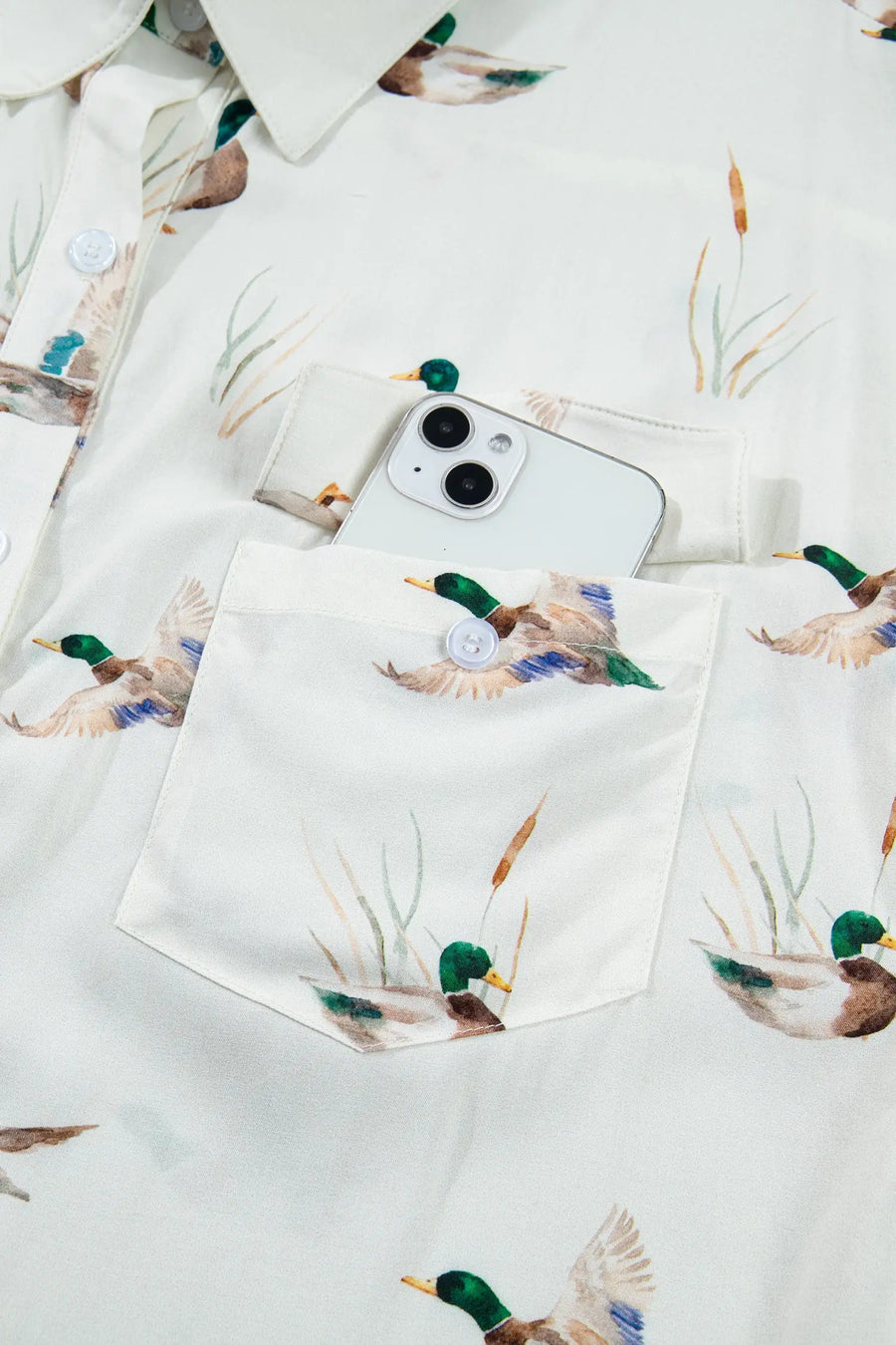 White Mallard Print Button Pocket Short Sleeve Shirt