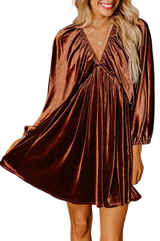 Clay elastic v neck puff sleeve short velvet dress