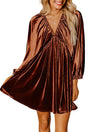 Clay elastic v neck puff sleeve short velvet dress