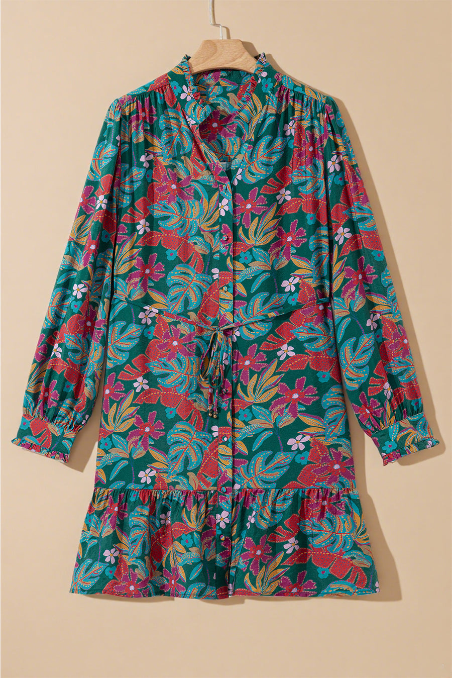 Green Floral Frill V Neck Puff Sleeve Ruffled Shirt Dress Women UK