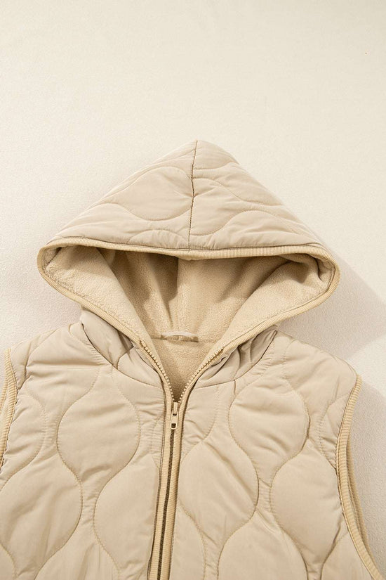 Close-up of khaki Quilted Fleece‑Lined Winter Gilet hood showing soft fleece lining and quilted stitching detail.