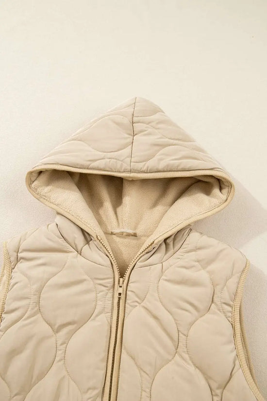 Close-up of khaki Quilted Fleece‑Lined Winter Gilet hood showing soft fleece lining and quilted stitching detail.