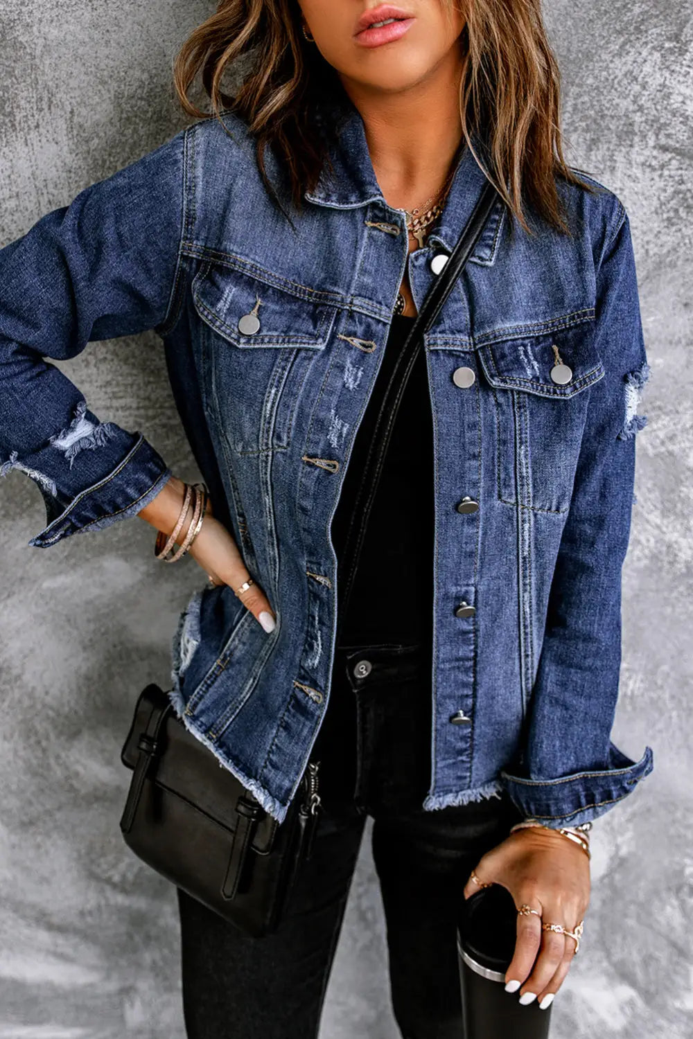 Dark blue plus size distressed flap pocket denim jacket - s / 85% cotton + 15% polyester