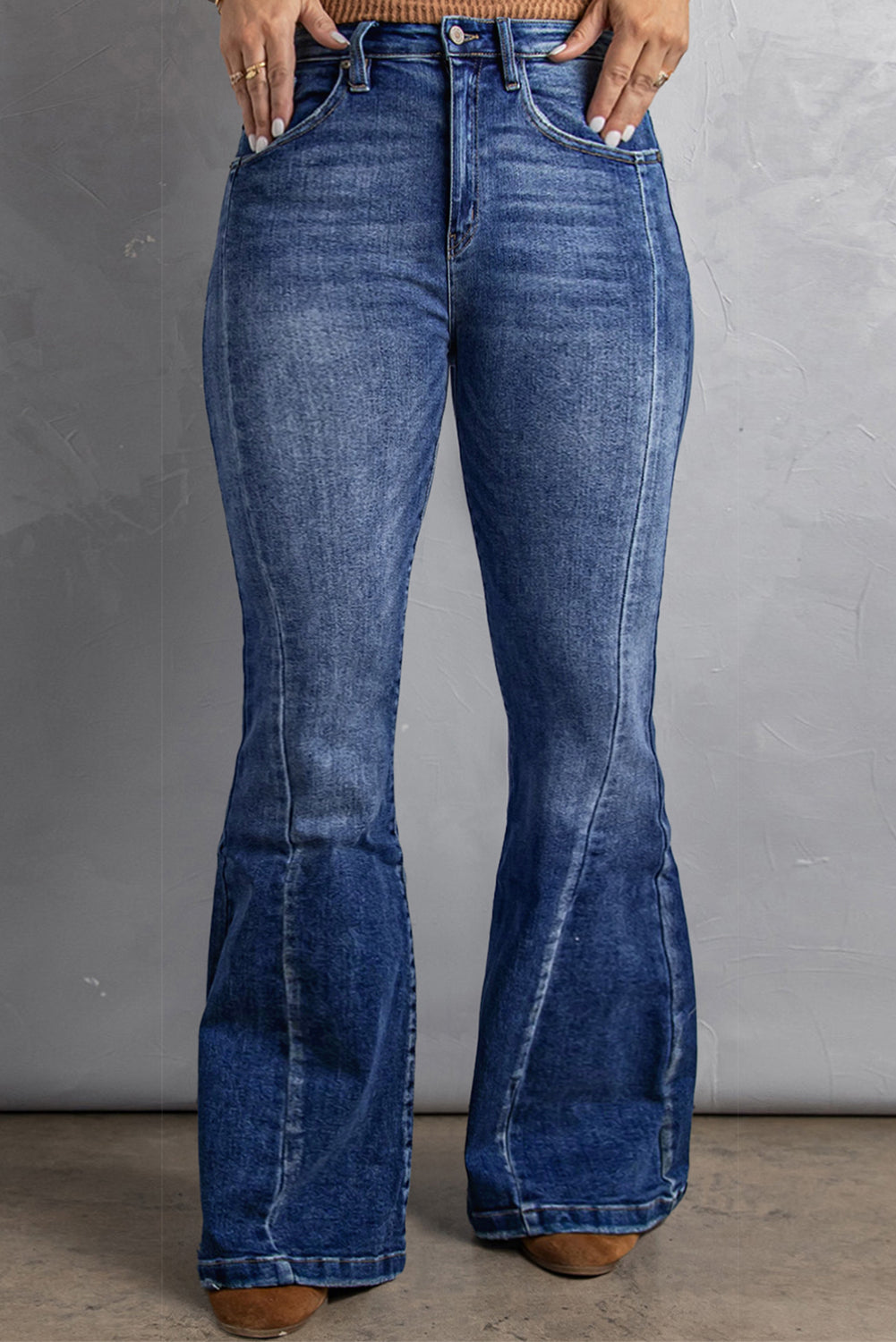 Dark blue plus size stitching washed flare jeans - 1x 71% cotton + 27.5% polyester + 1.5% elastane