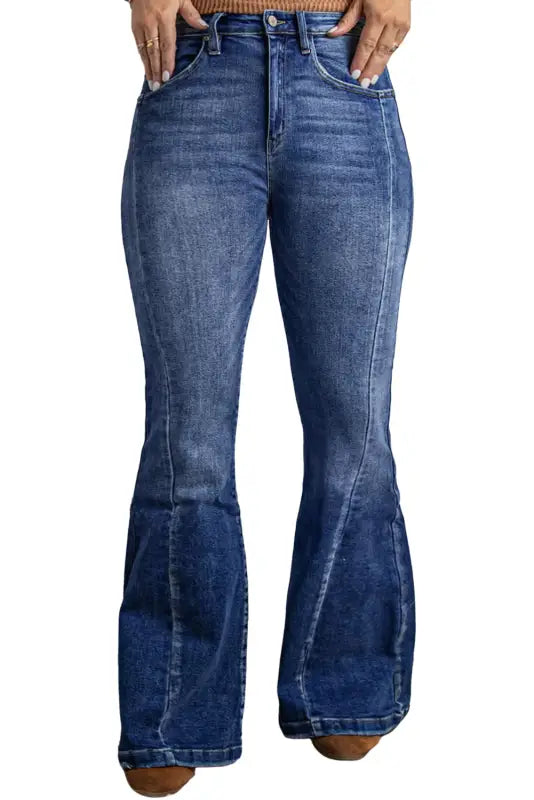 Dark blue plus size stitching washed flare jeans