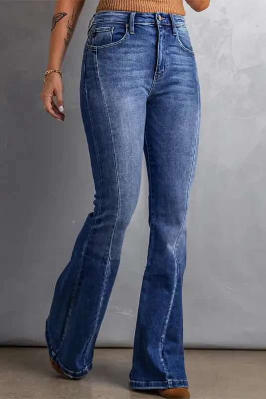 Dark blue plus size stitching washed flare jeans