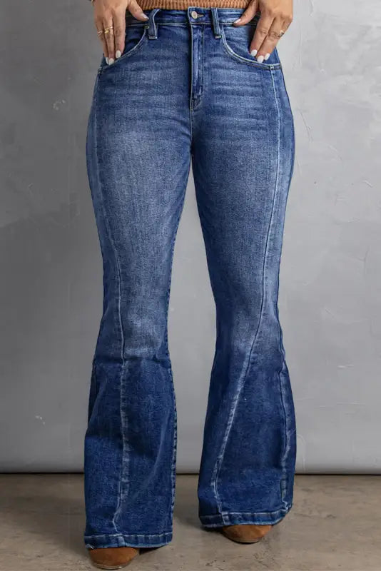 Dark blue plus size stitching washed flare jeans - 1x / 71% cotton + 27.5% polyester + 1.5% elastane