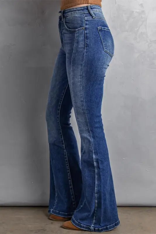 Dark blue plus size stitching washed flare jeans