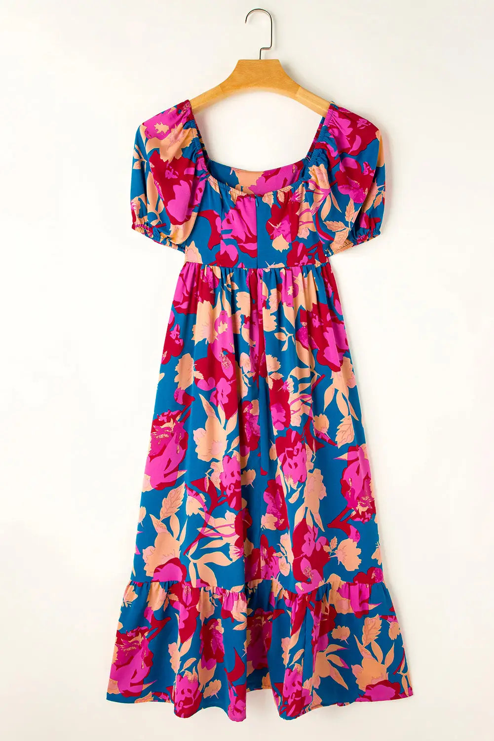 Dark blue square neck bubble sleeve ruffled floral dress - dresses/floral dresses