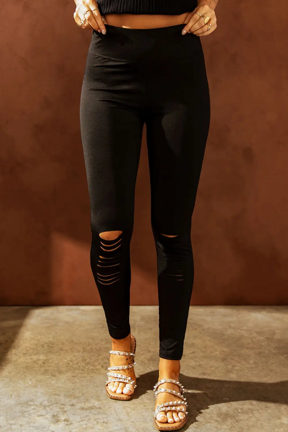 Dark brown cut-out skinny high waist leggings