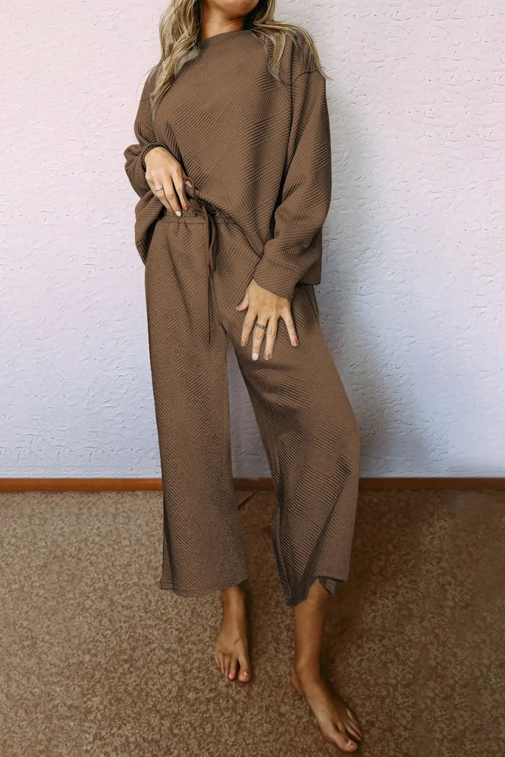 Dark brown ultra loose textured 2pcs slouchy outfit - 2xl / 95% polyester + 5% elastane - pants sets