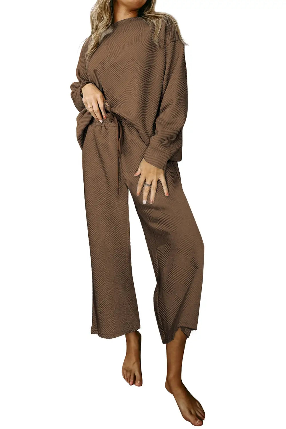 Dark brown ultra loose textured 2pcs slouchy outfit - loungewear