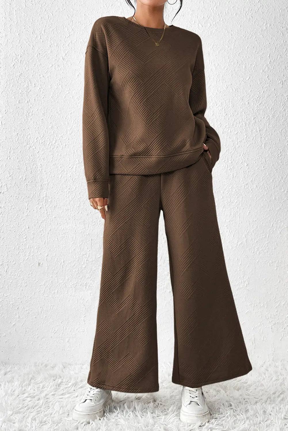 Dark brown ultra loose textured 2pcs slouchy outfit - pants sets