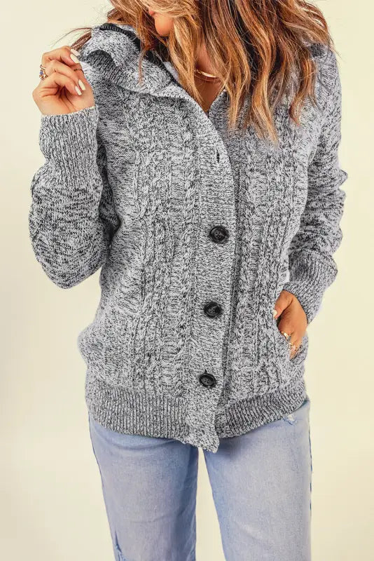 Dark gray long sleeve button-up hooded cardigans - sweaters &