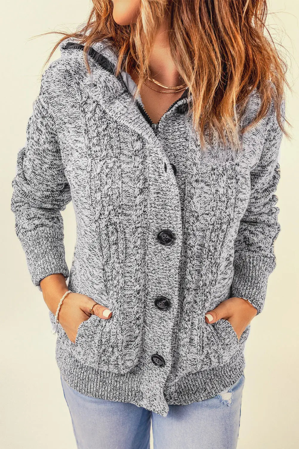 Dark gray long sleeve button-up hooded cardigans - sweaters &