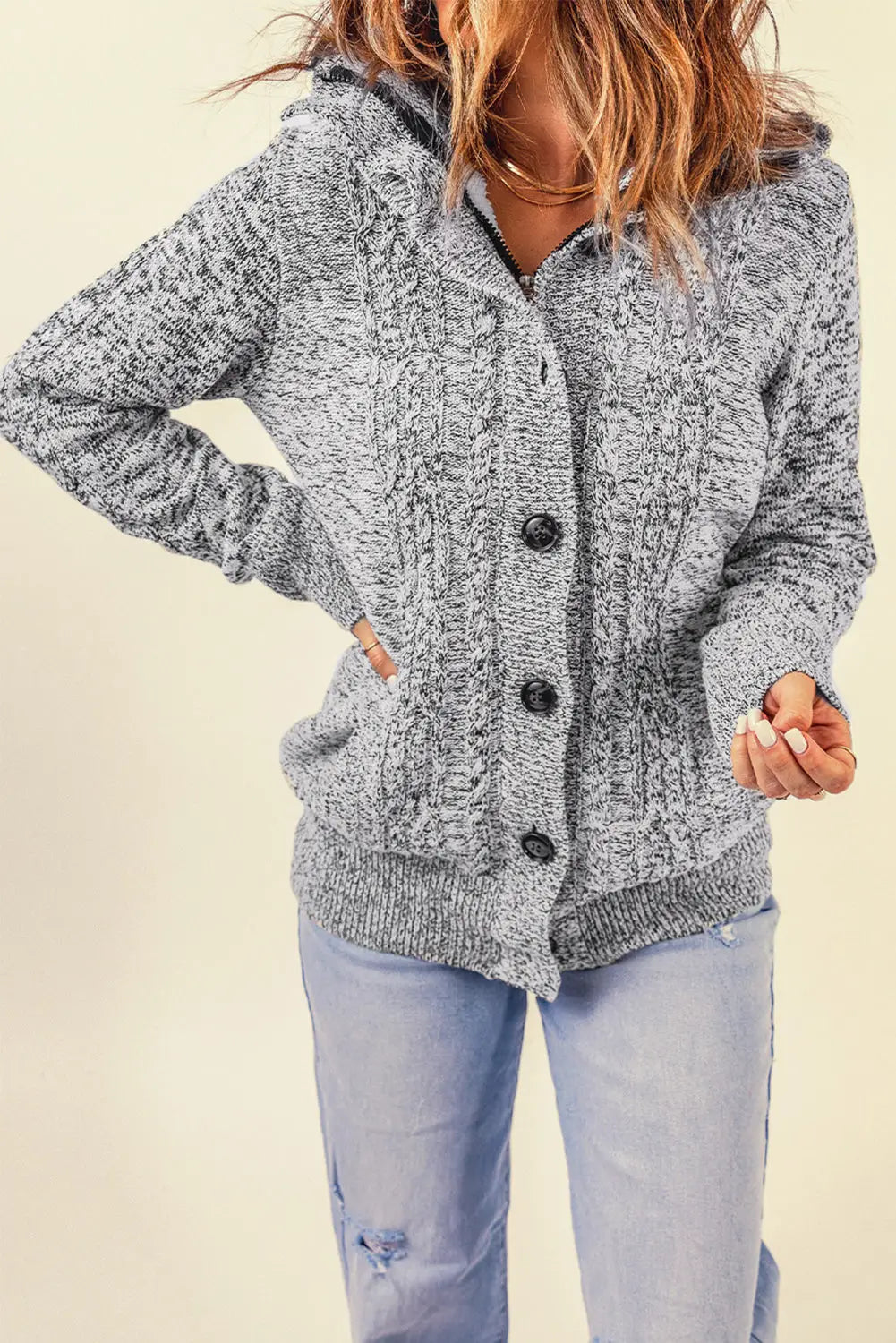 Dark gray long sleeve button-up hooded cardigans - sweaters &