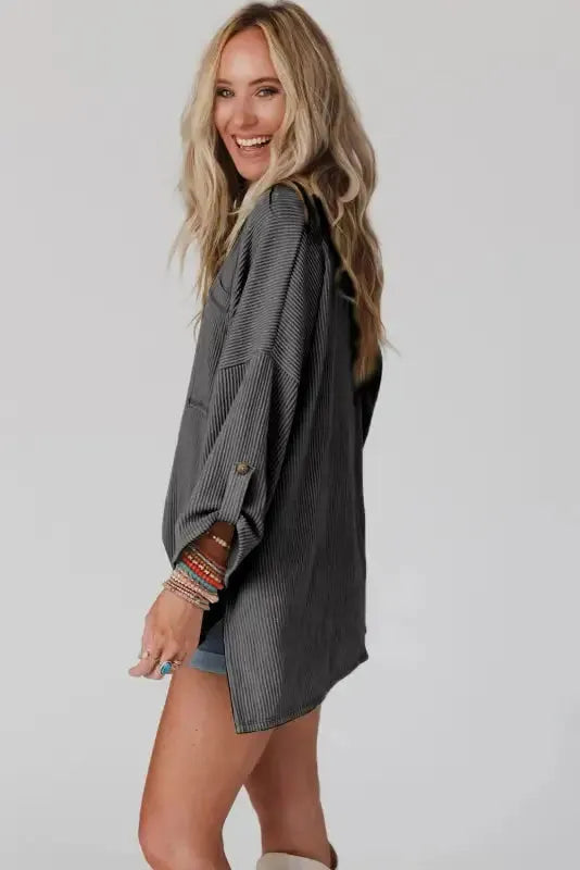 Dark Gray Ribbed Roll-tab Sleeve Chest Pocket Oversize Top - Fashionfitz