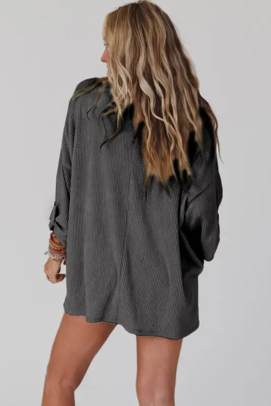 Dark gray ribbed roll-tab sleeve chest pocket oversize top - long tops