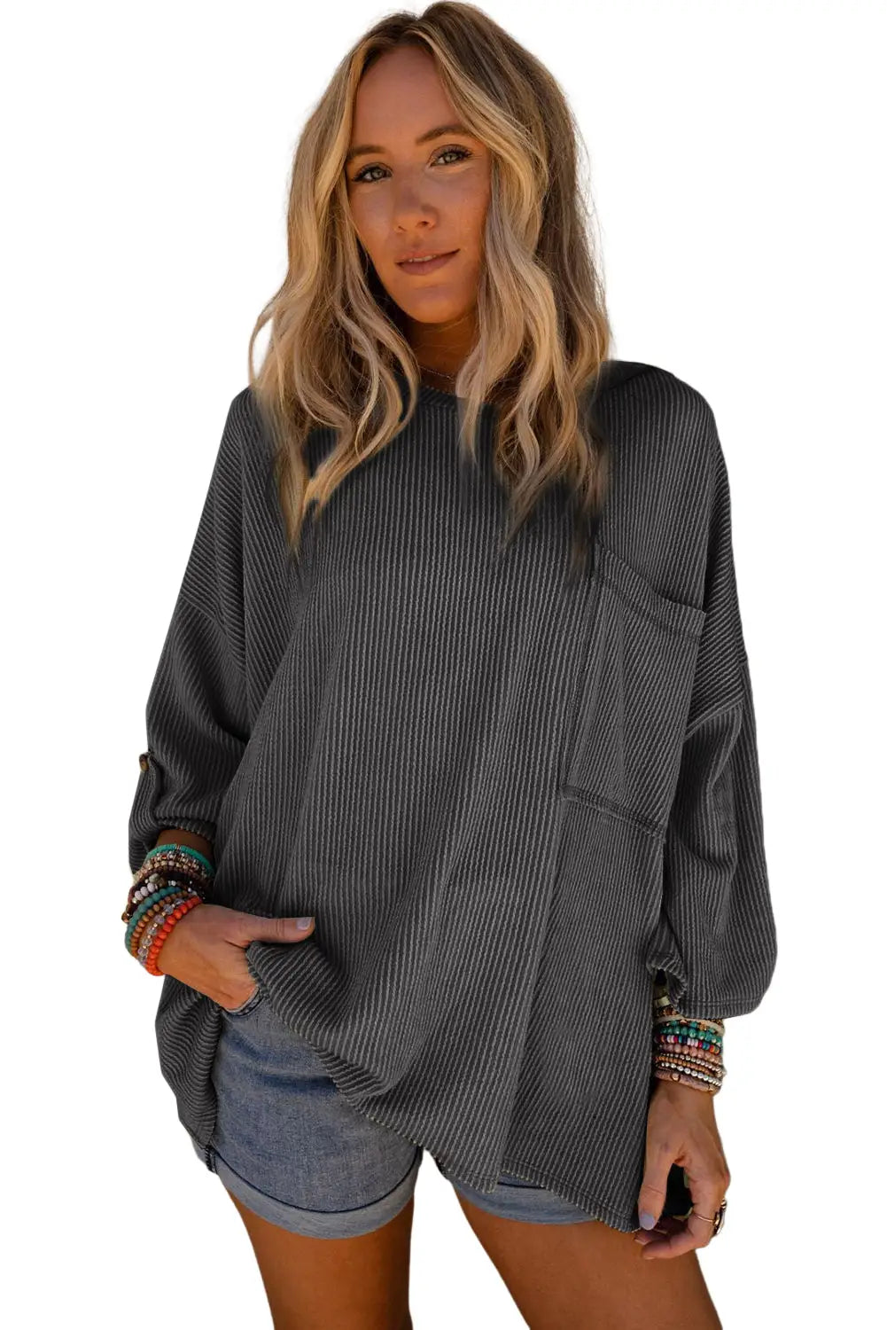 Dark gray ribbed roll-tab sleeve chest pocket oversize top - long tops