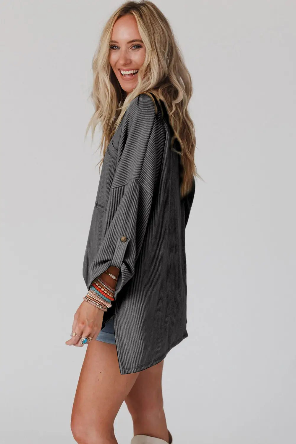 Dark gray ribbed roll-tab sleeve chest pocket oversize top - long tops