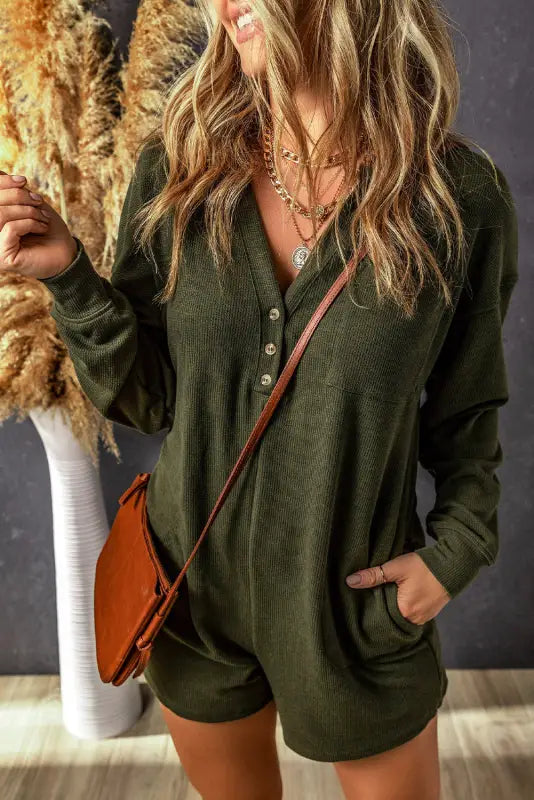 Dark green brushed ribbed button split v neck long sleeve romper - jumpsuits & rompers