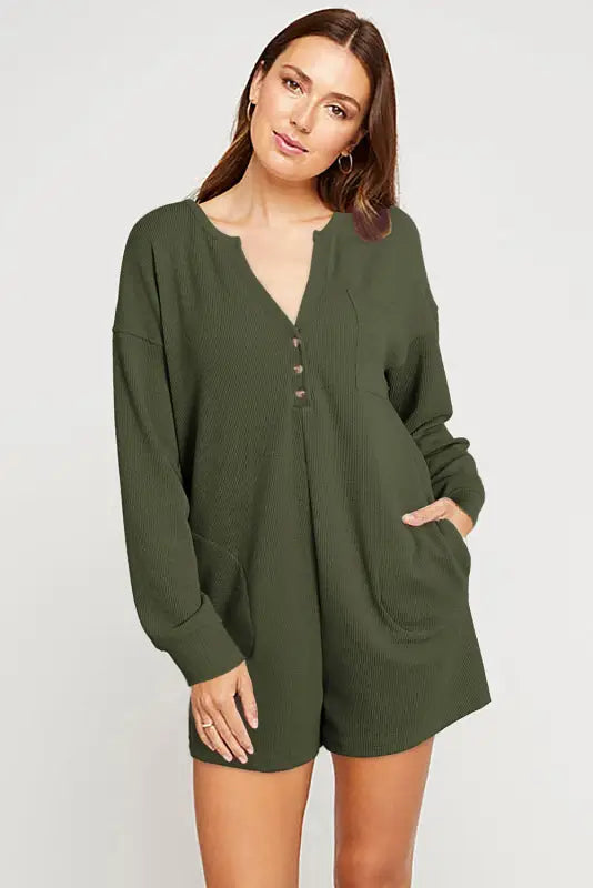 Dark green brushed ribbed button split v neck long sleeve romper - jumpsuits & rompers