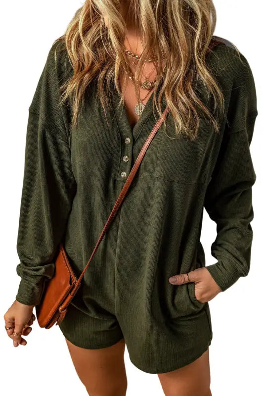 Dark green brushed ribbed button split v neck long sleeve romper - jumpsuits & rompers