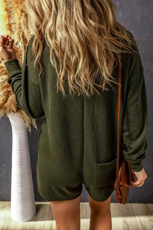 Dark green brushed ribbed button split v neck long sleeve romper - jumpsuits & rompers