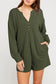 Dark green brushed ribbed button split v neck long sleeve romper - jumpsuits & rompers