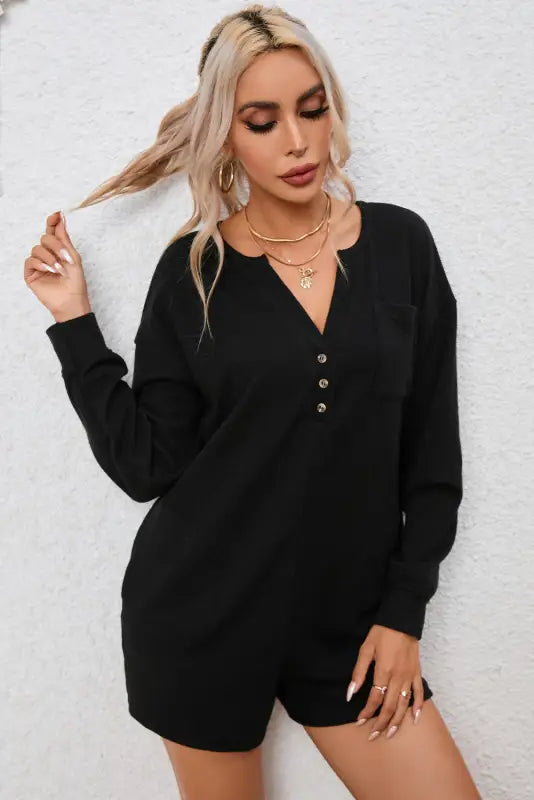 Dark green brushed ribbed button split v neck long sleeve romper - jumpsuits & rompers