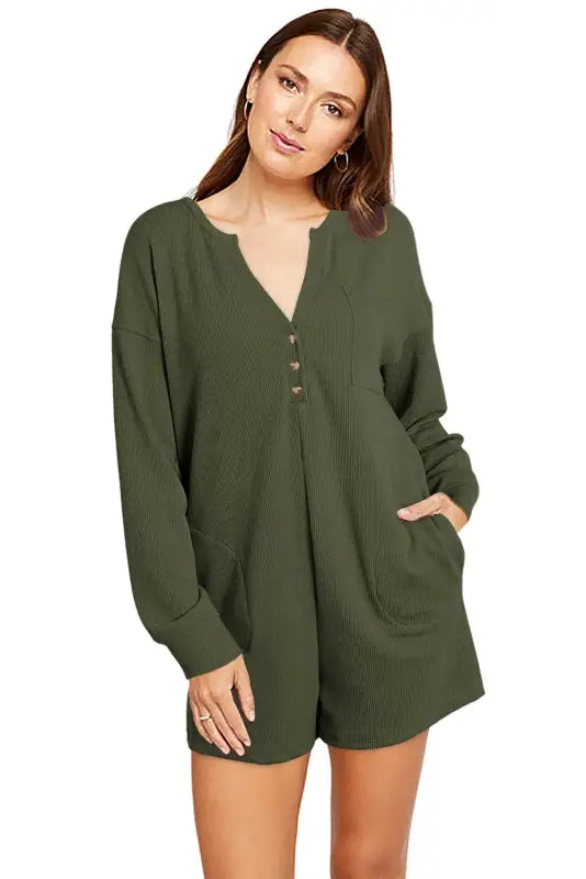 Dark green brushed ribbed button split v neck long sleeve romper - jumpsuits & rompers