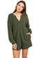 Dark green brushed ribbed button split v neck long sleeve romper - jumpsuits & rompers