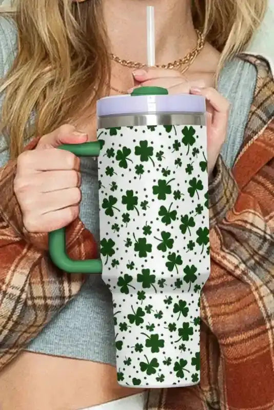 Dark Green Clover Print Thermos Cup with Handle 40oz - Fashionfitz