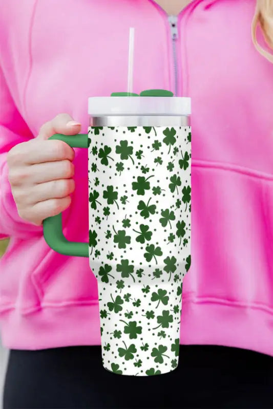 Dark green clover print thermos cup with handle 40oz