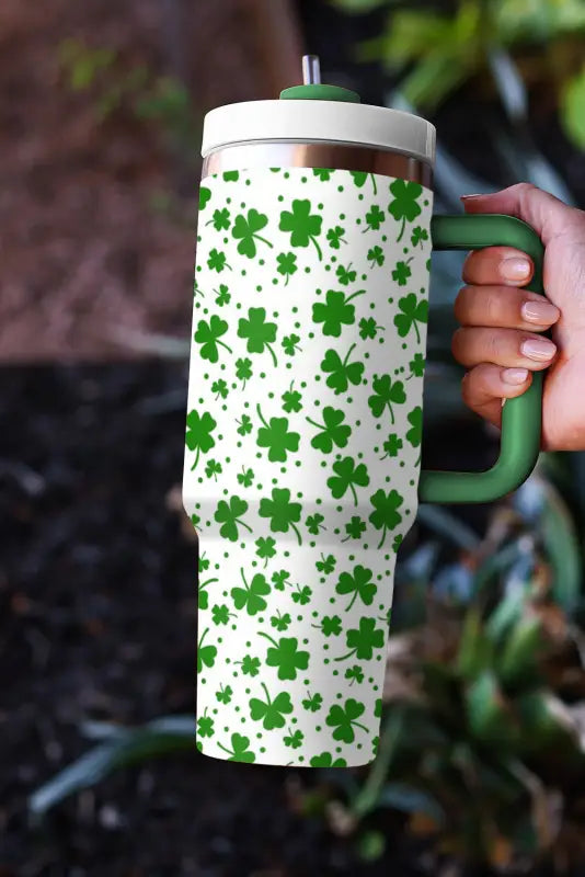 Dark green clover print thermos cup with handle 40oz