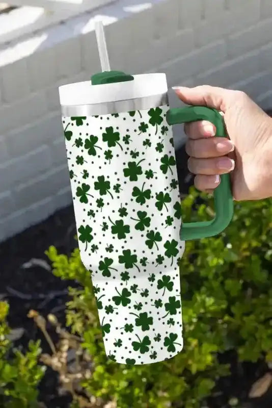Dark Green Clover Print Thermos Cup with Handle 40oz - Fashionfitz