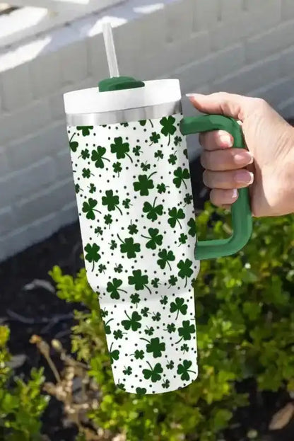 Dark Green Clover Print Thermos Cup with Handle 40oz - Fashionfitz