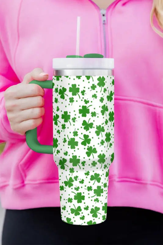 Dark green clover print thermos cup with handle 40oz