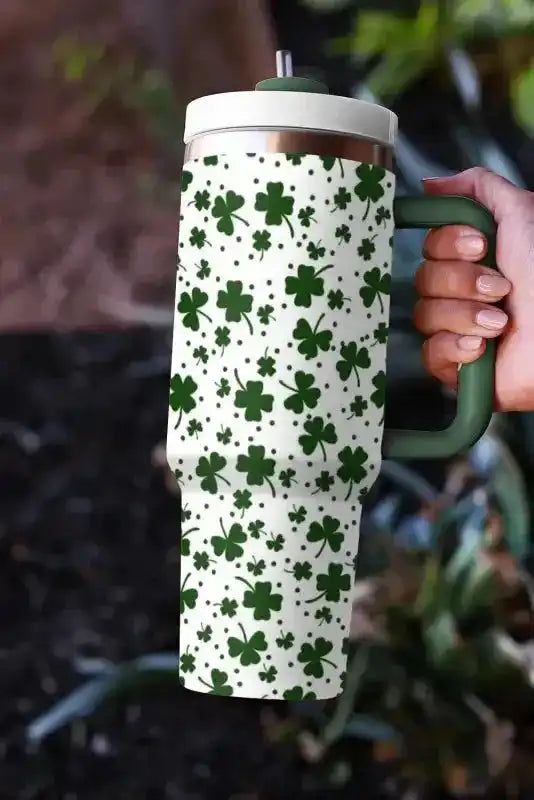 Dark Green Clover Print Thermos Cup with Handle 40oz - Fashionfitz